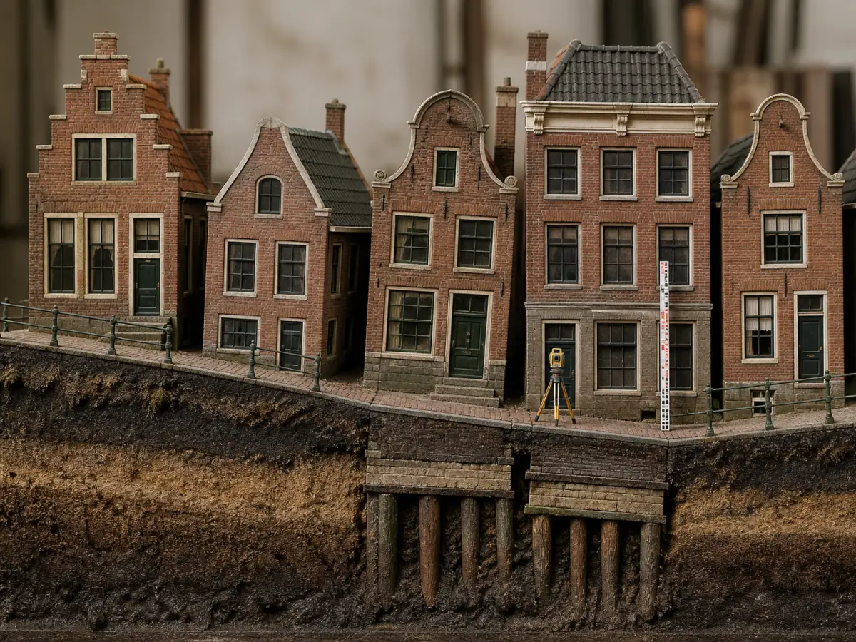 Verzakte rij grachtenpanden op veengrond naast landmeetapparatuur