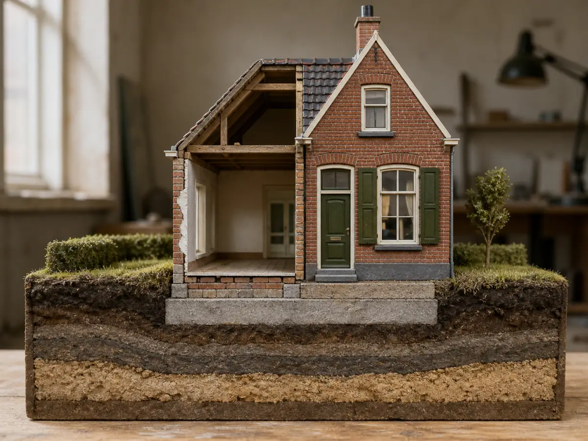 Doorsnede van een bakstenen woning met een ondiepe strokenfundering op zand