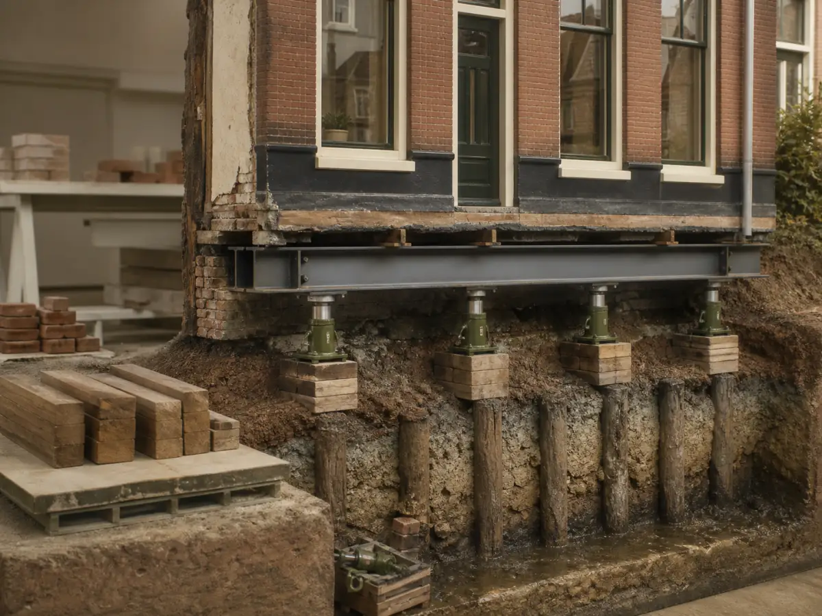 Bakstenen woning tijdens funderingsherstel met stalen balk en hydraulische vijzels