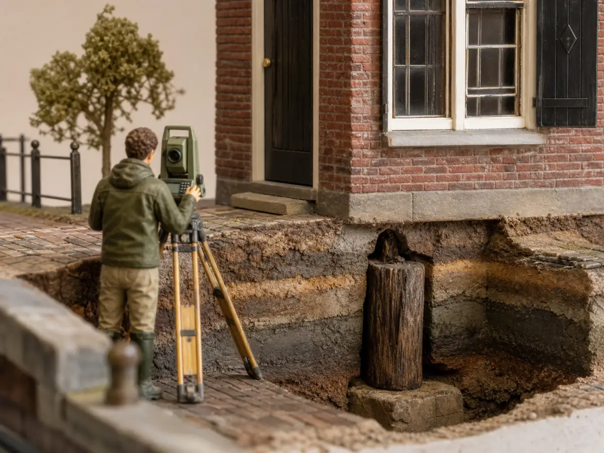 Landmeter onderzoekt een vrijgelegde houten paalkop naast een bakstenen woning