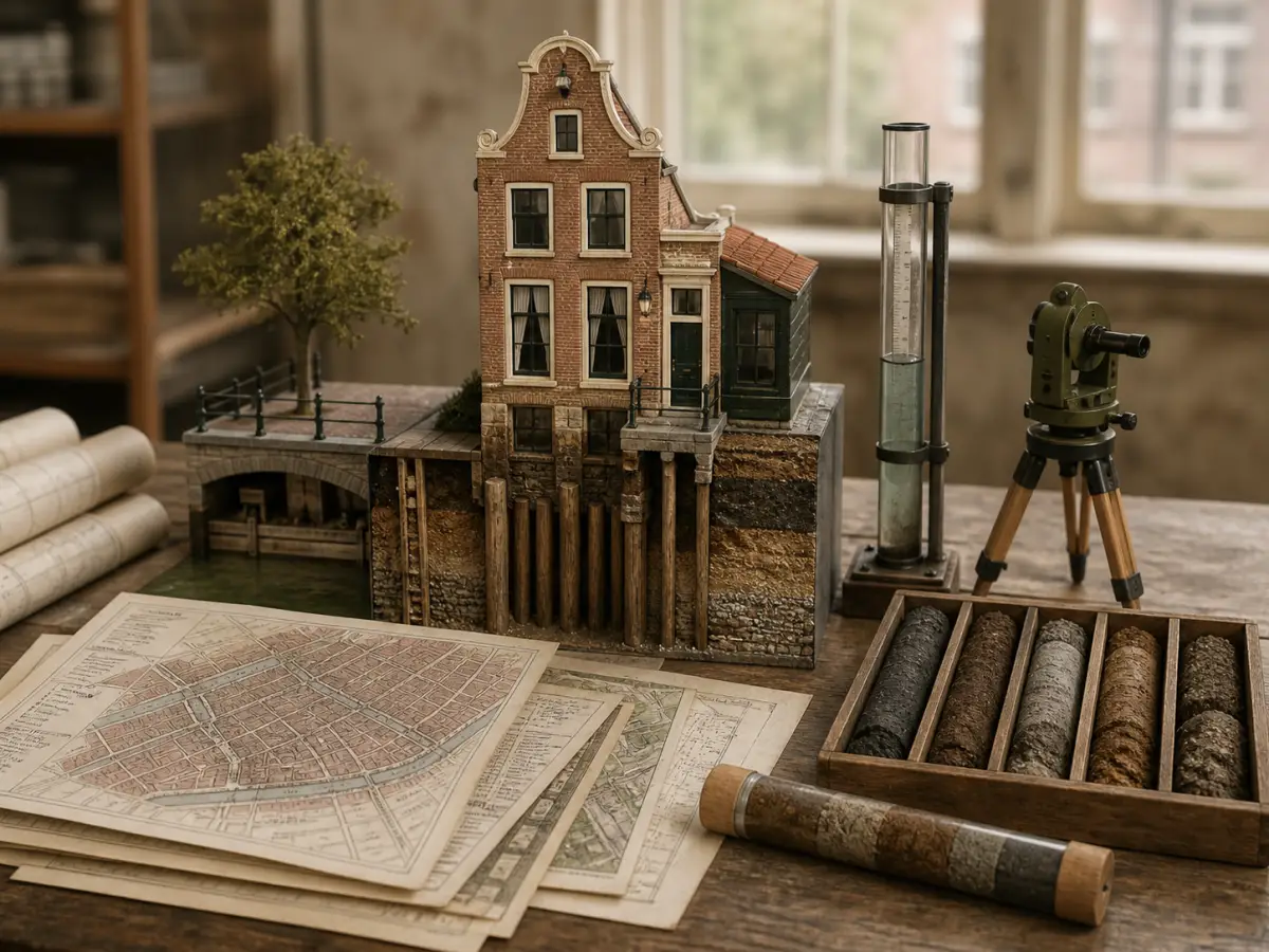 Maquette van een grachtenpand met bodemmonsters, kaarten en meetapparatuur