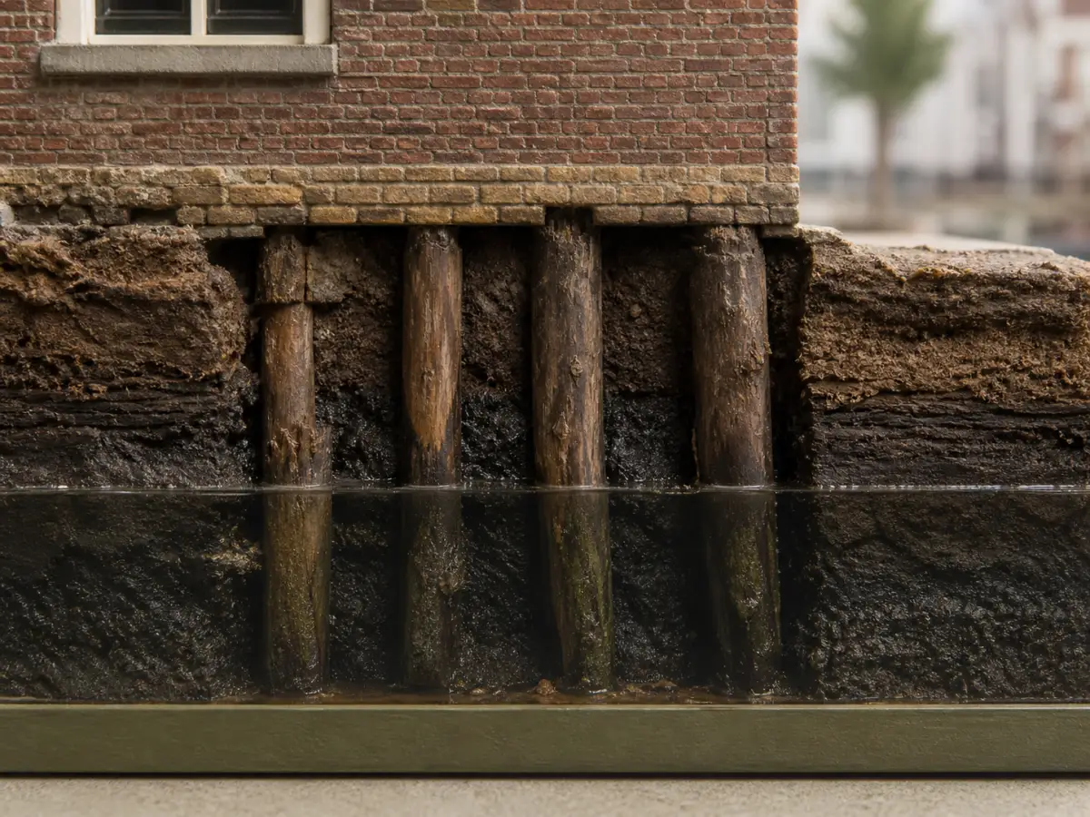 Houten funderingspalen onder een bakstenen gevel met de paalkoppen onder water