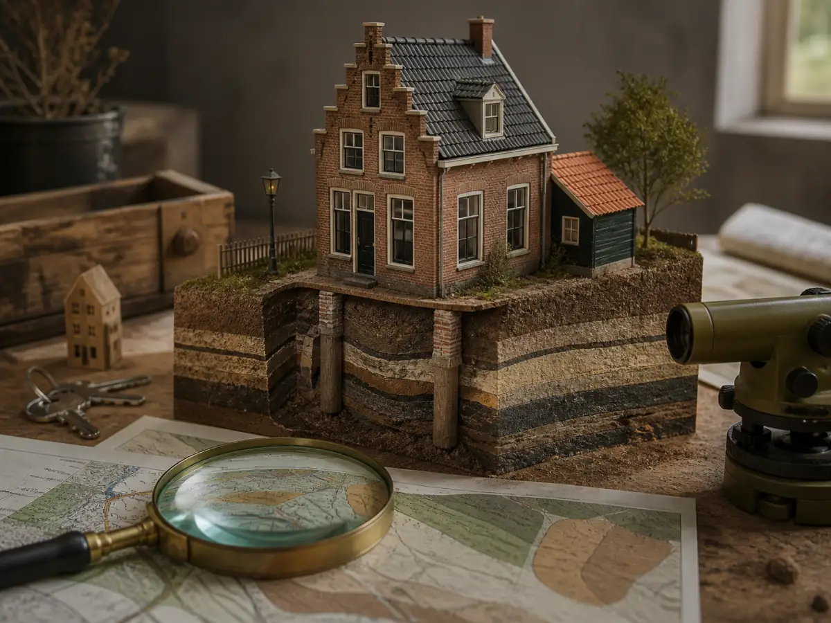 Woningmaquette met sleutels, bodemkaart, vergrootglas en meetinstrument