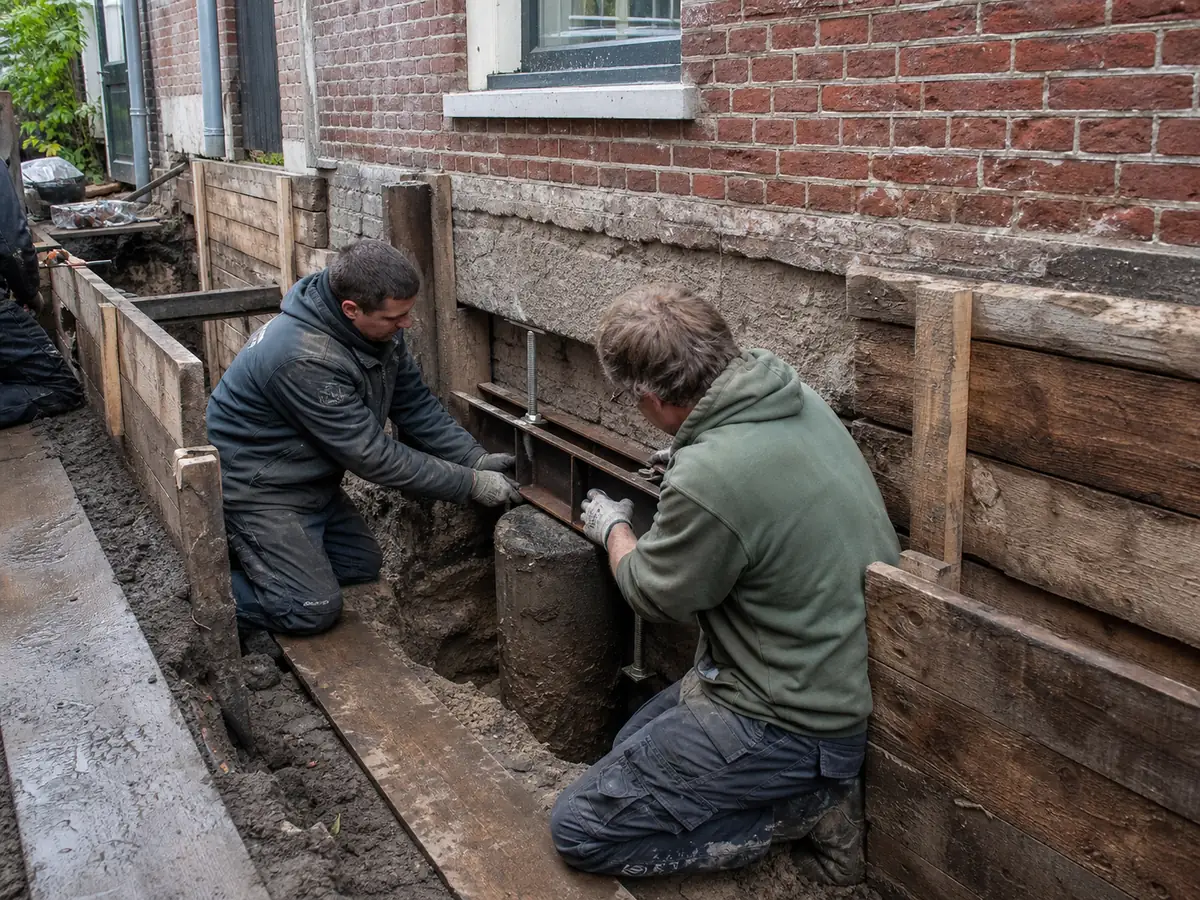 Vakmensen bereiden funderingspalen voor in een werkplaats