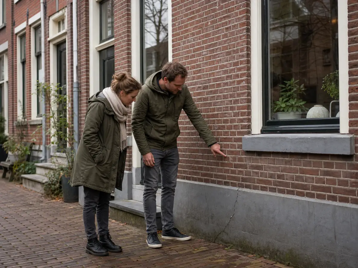 Twee huiseigenaren bekijken de gevel van hun woning aan een gracht