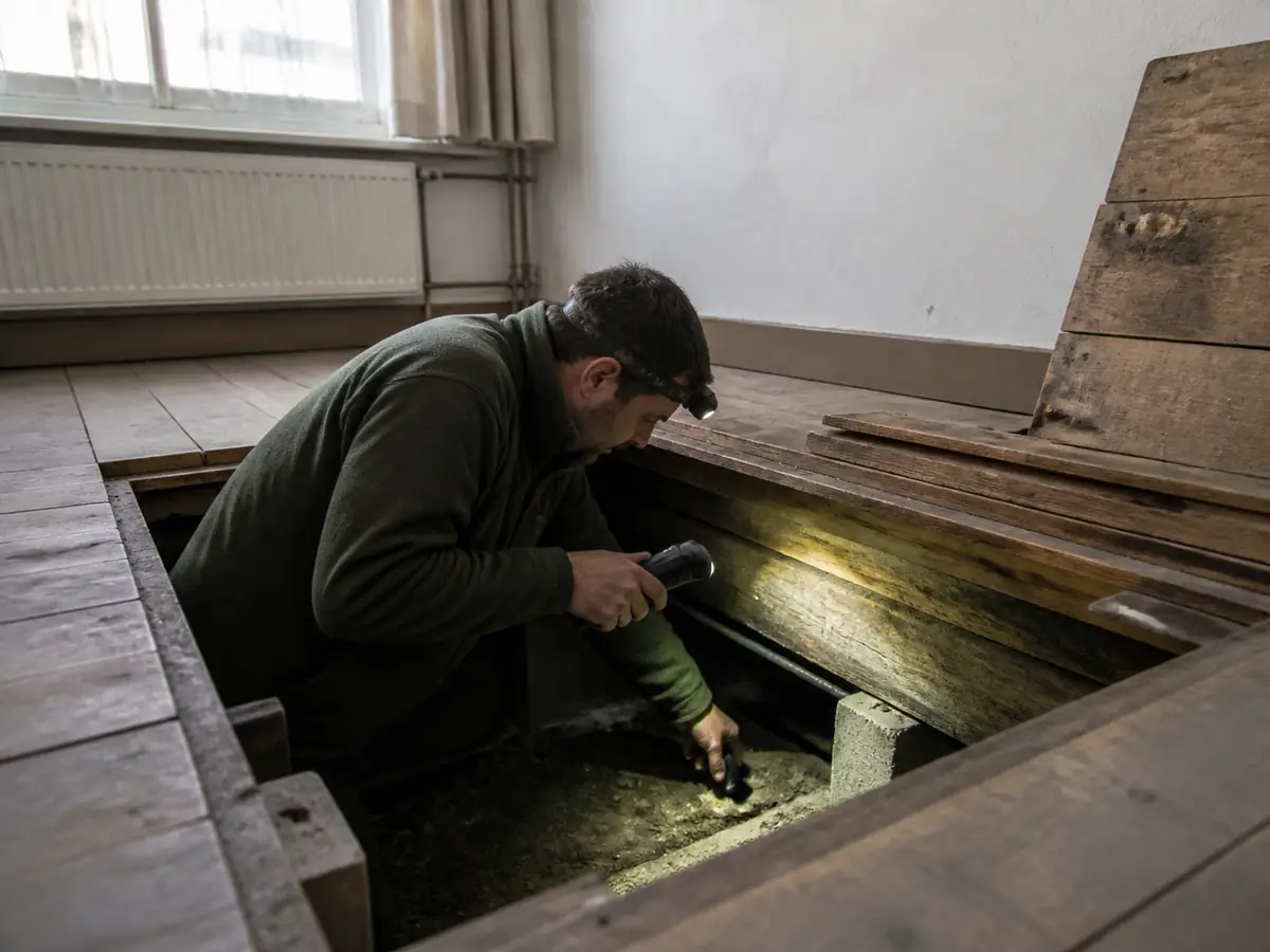 Inspecteur onderzoekt met een lamp de kruipruimte onder een woning