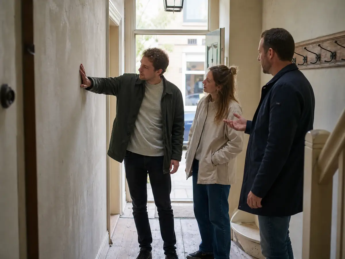 Koper en makelaar bekijken de gevel van een woning tijdens een bezichtiging