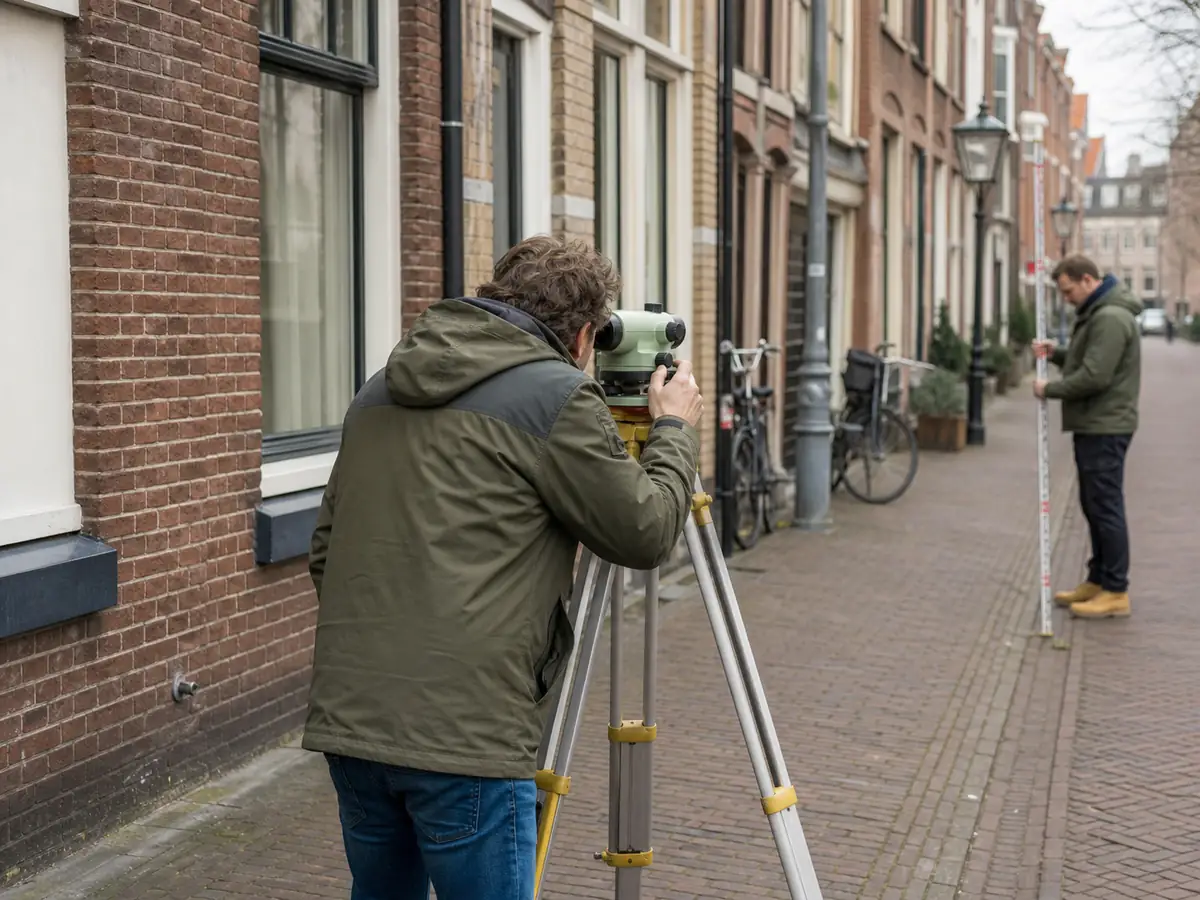 Landmeter meet de straat op voor een woning in een oude binnenstad