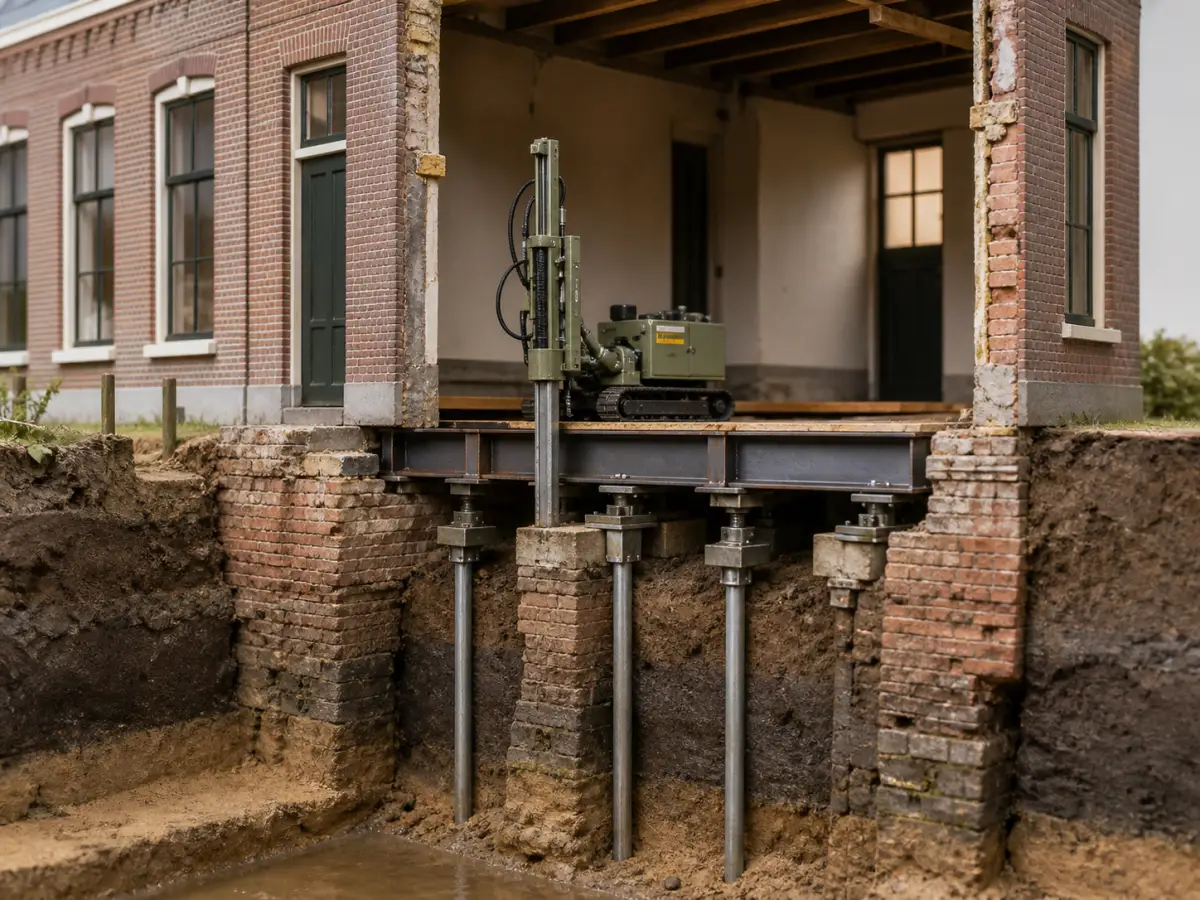 Woning die van binnenuit wordt onderheid met nieuwe stalen palen en een draagbalk