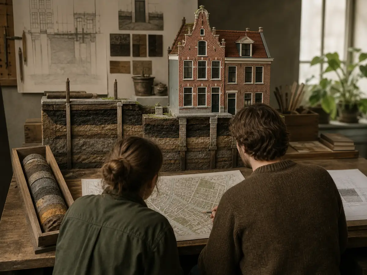 Onderzoekers bestuderen een woningmaquette, bodemmonsters en een gemeentelijke kaart