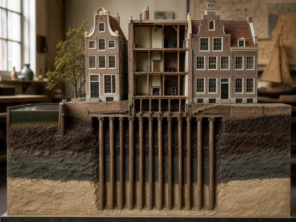 Doorsnede van historische grachtenpanden op lange houten funderingspalen