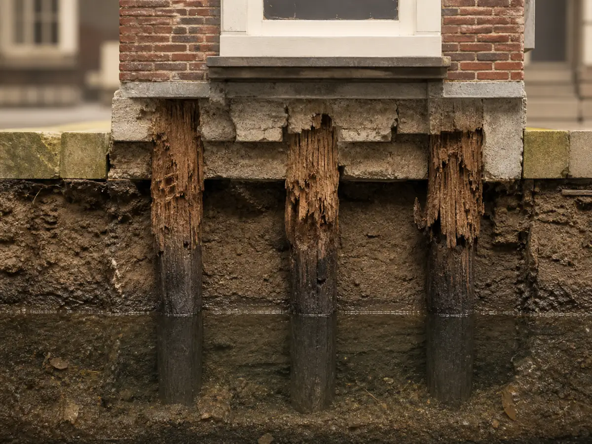 Aangetaste houten paalkoppen boven een verlaagde grondwaterstand