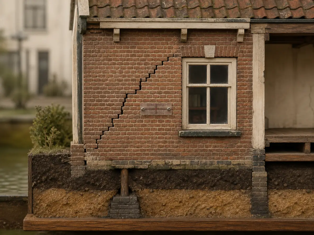 Trapsgewijze zettingsscheur in een oude Nederlandse bakstenen gevel
