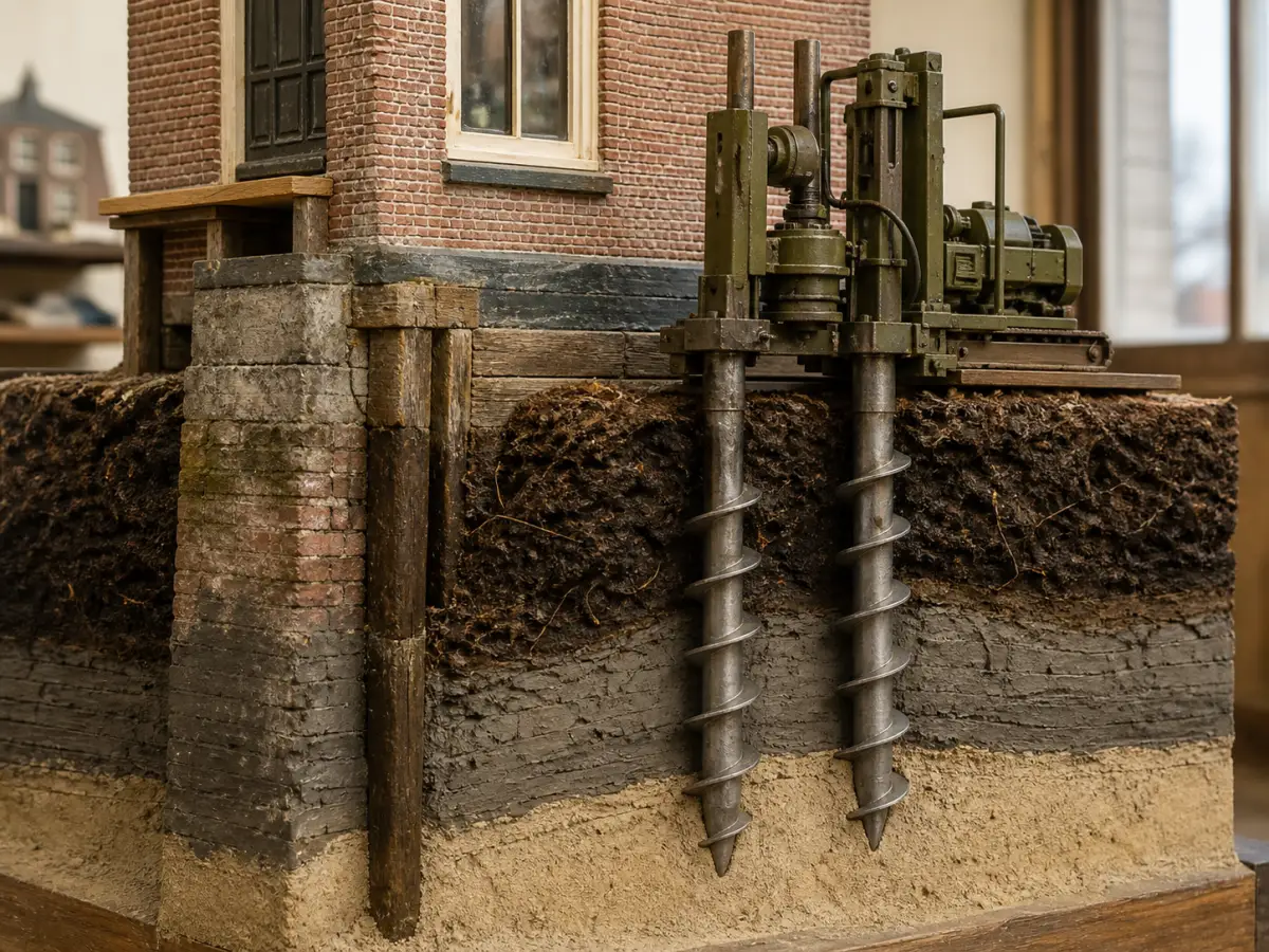 Stalen schroefpalen worden naast een bestaande gemetselde fundering aangebracht