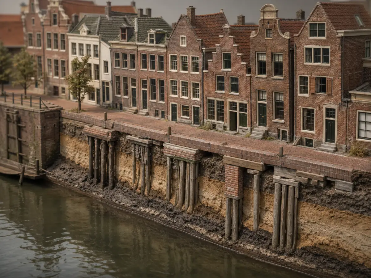 Historische bakstenen huizen in Zaandam boven houten funderingspalen