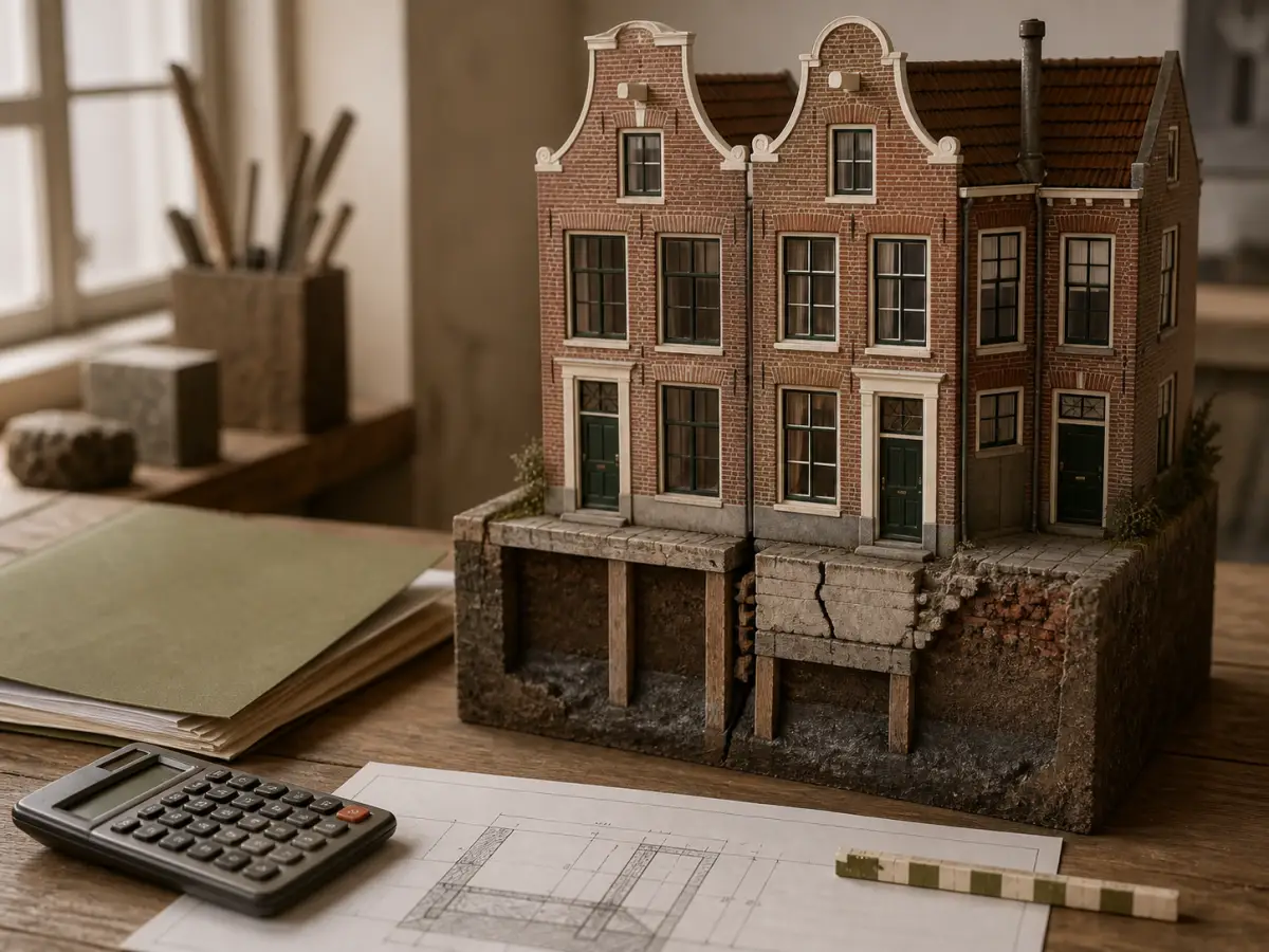 Woningmodel met funderingsschade naast bouwtekening, rekenmachine en dossiermap
