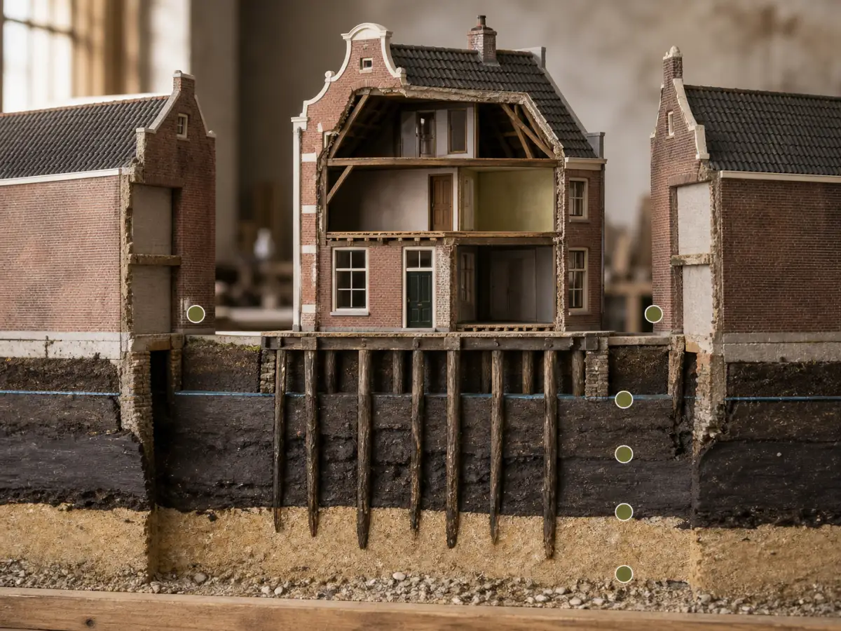 Doorsnede van Nederlandse woningen met houten palen, grondwater en bodemlagen
